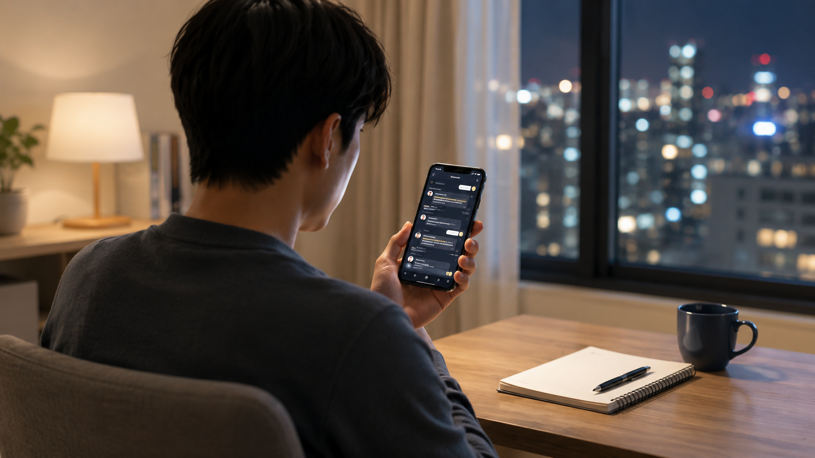 夜の電話や連絡を確認するスマートフォンのイメージ